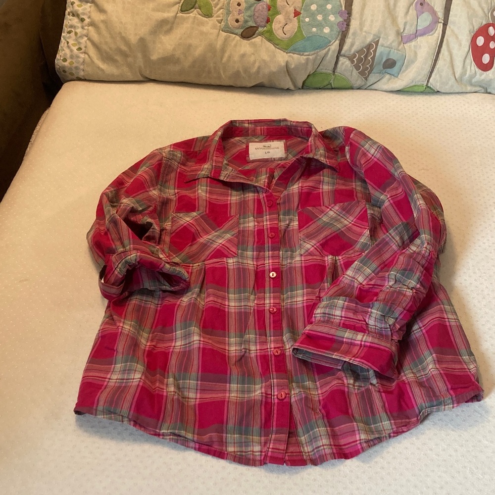 Women's Plaid Button Down Shirt - Pink and Gray